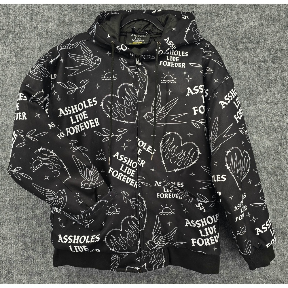 Assholes*s Live Forever Coat Jacket Mens M Black Full Zip Hooded Insulated Funny